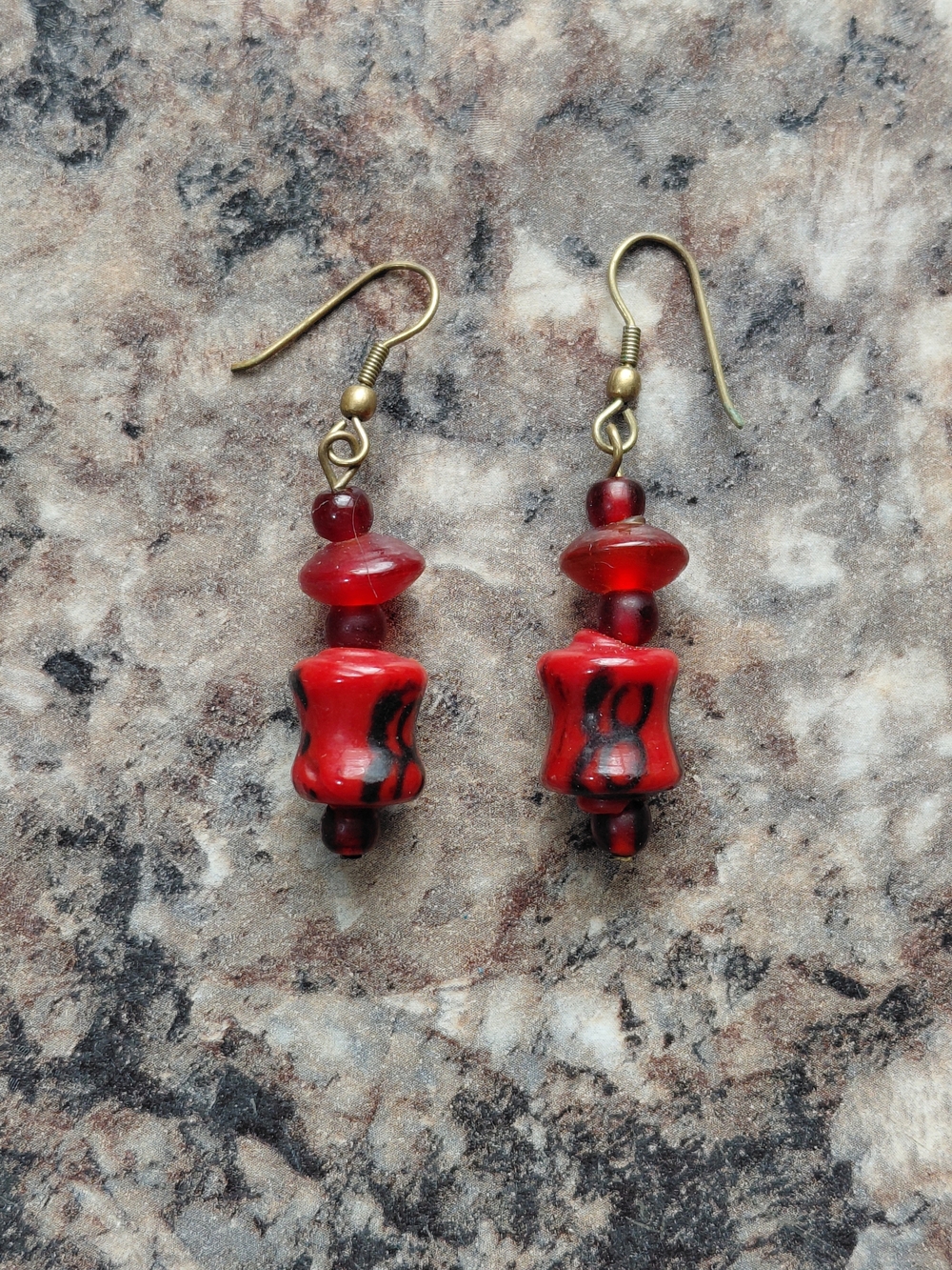 Vintage Red and Black Glass Bead Bold Artisan Earrings